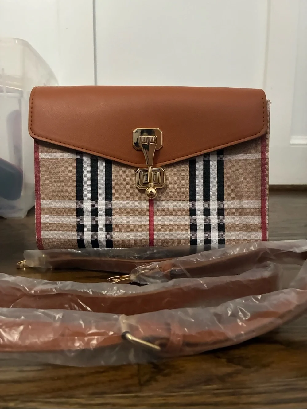 Plaid Crossbody Bag with Brown Leather Flap